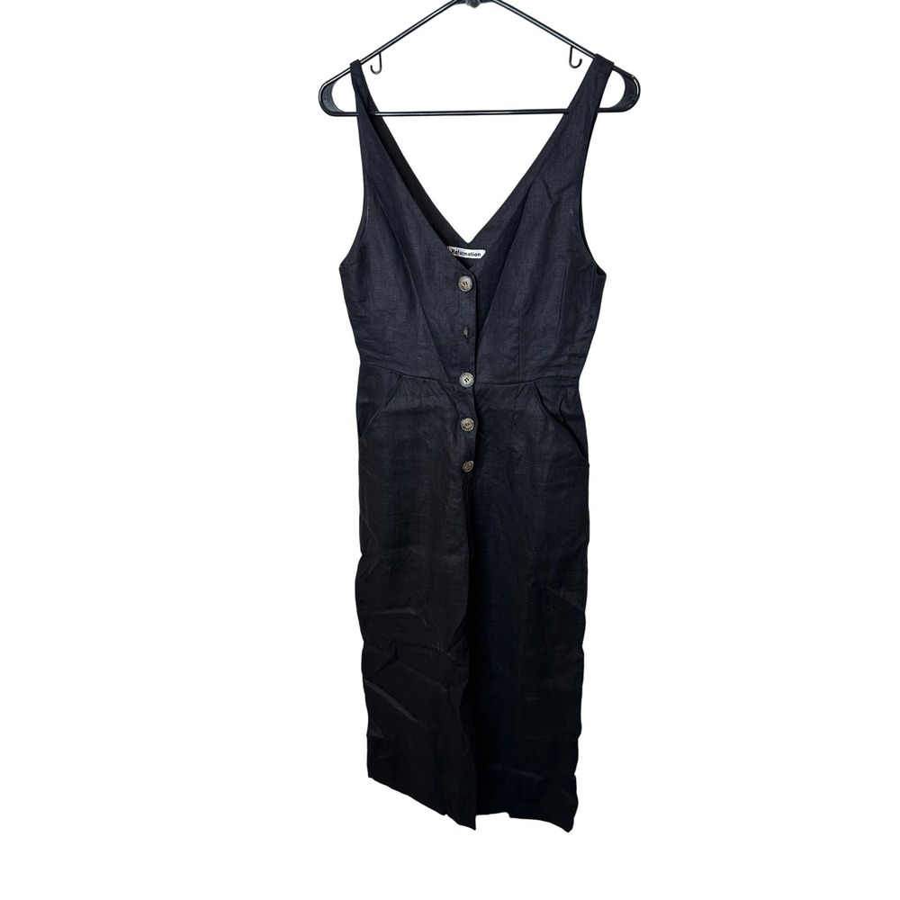 Reformation Black Linen Button Front V-Neck Wide Leg Jumpsuit‎ Womens Size 4